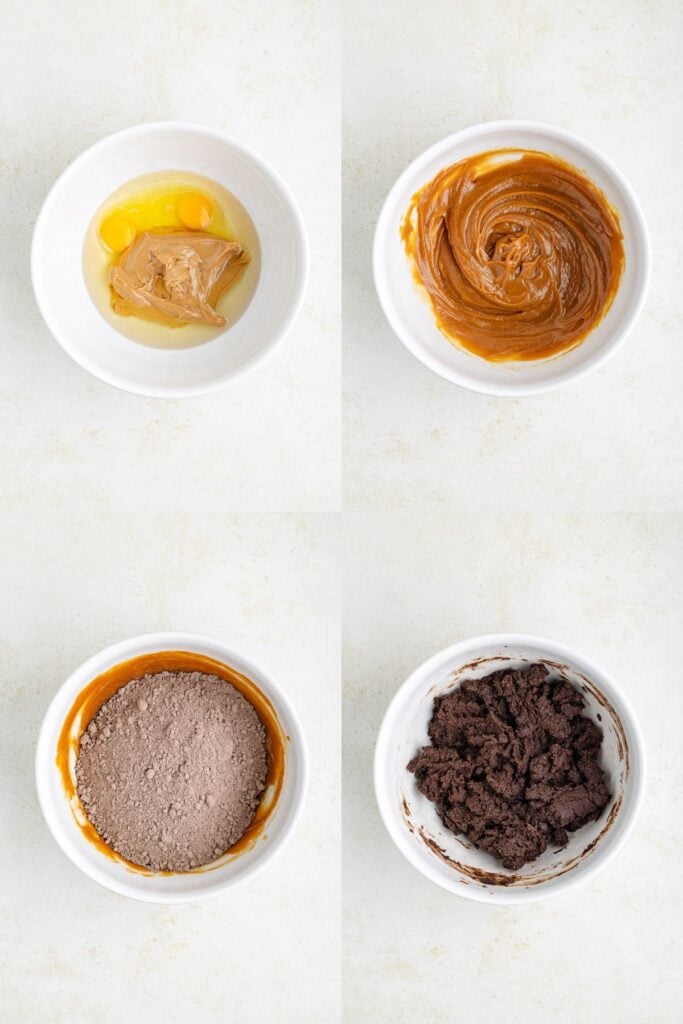 Four images showing baking steps in white bowls: top left, eggs, oil, and peanut butter; top right, mixed into a smooth batter; bottom left, dry cake mix added; bottom right, mixed into a chocolate dough.