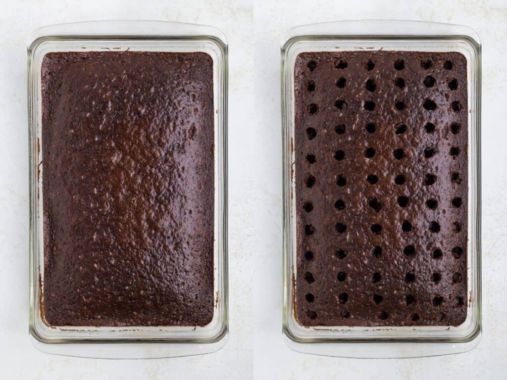 Two side-by-side images of a chocolate sheet cake in a glass pan. The left image shows the unaltered cake; the right image shows the cake with holes poked across its surface.