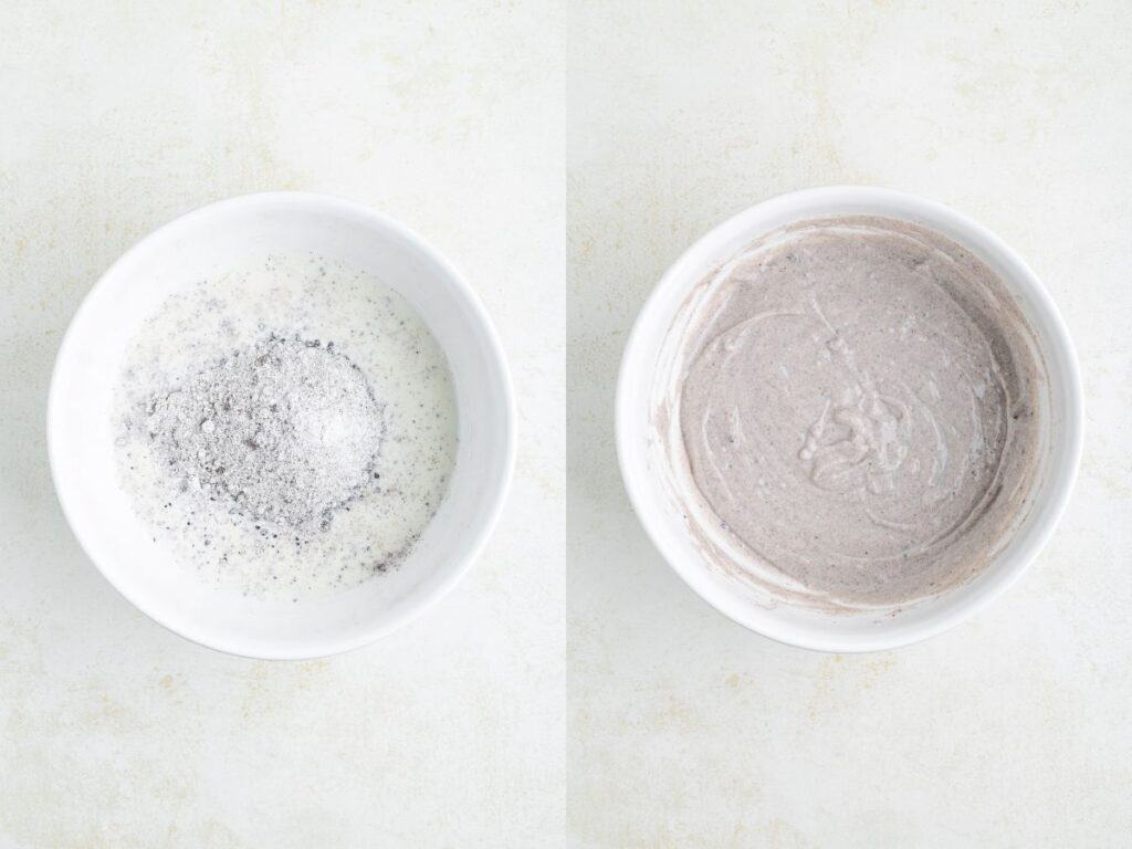 Two white bowls on a light surface: the first contains pudding powder and milk, the second shows the pudding mixed.