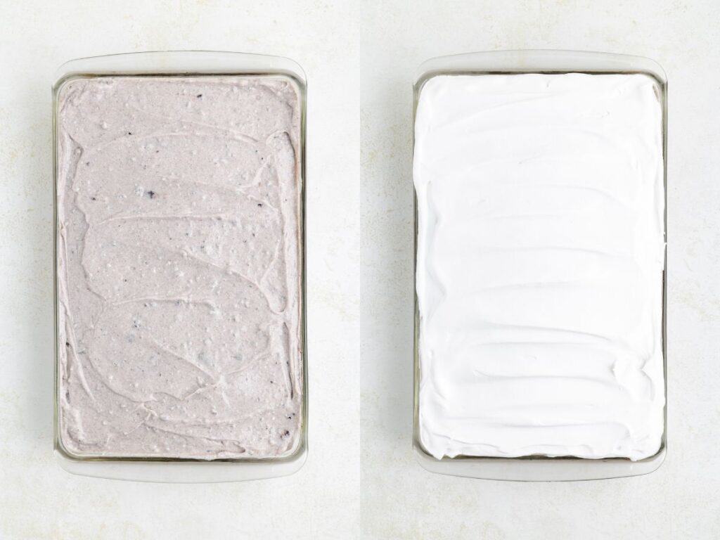 Two rectangular baking pans; the left shows the cake topped with Oreo pudding, the right shows the cake topped with Cool Whip.