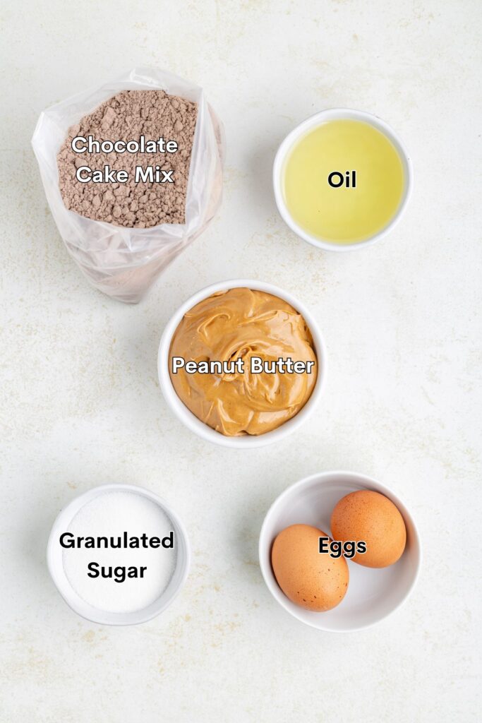 Overhead view of baking ingredients: a bag of chocolate cake mix, a bowl of peanut butter, a small bowl of oil, two eggs in a dish, and a cup of granulated sugar on a light surface. Each item is labeled.