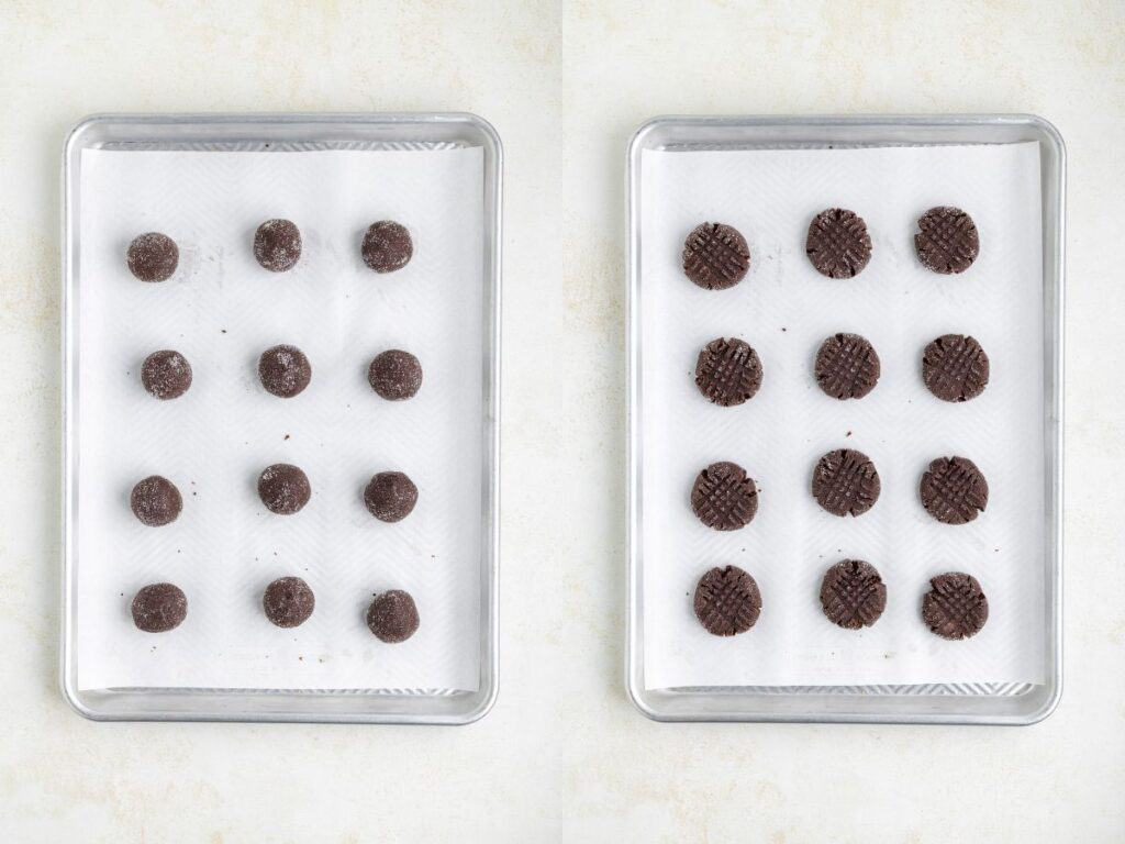 Two baking trays side by side. The left tray shows twelve chocolate dough balls. The right tray shows twelve pressed chocolate cookies with a crisscross pattern. Both trays are on a light countertop.