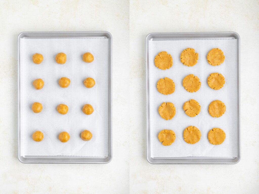 Two baking sheets side by side: left with twelve dough balls, right with twelve flattened round cookies, both on parchment paper.