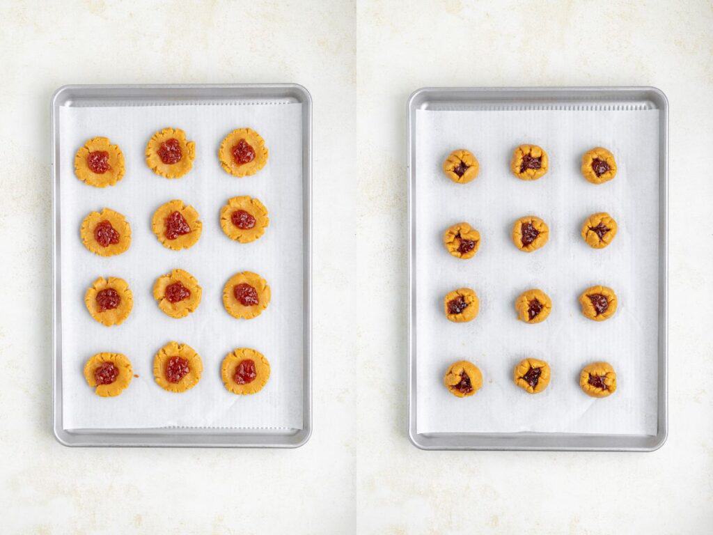 Two baking trays each with 12 round cookies, filled with red jam. Cookies are on parchment paper over light-colored surface.