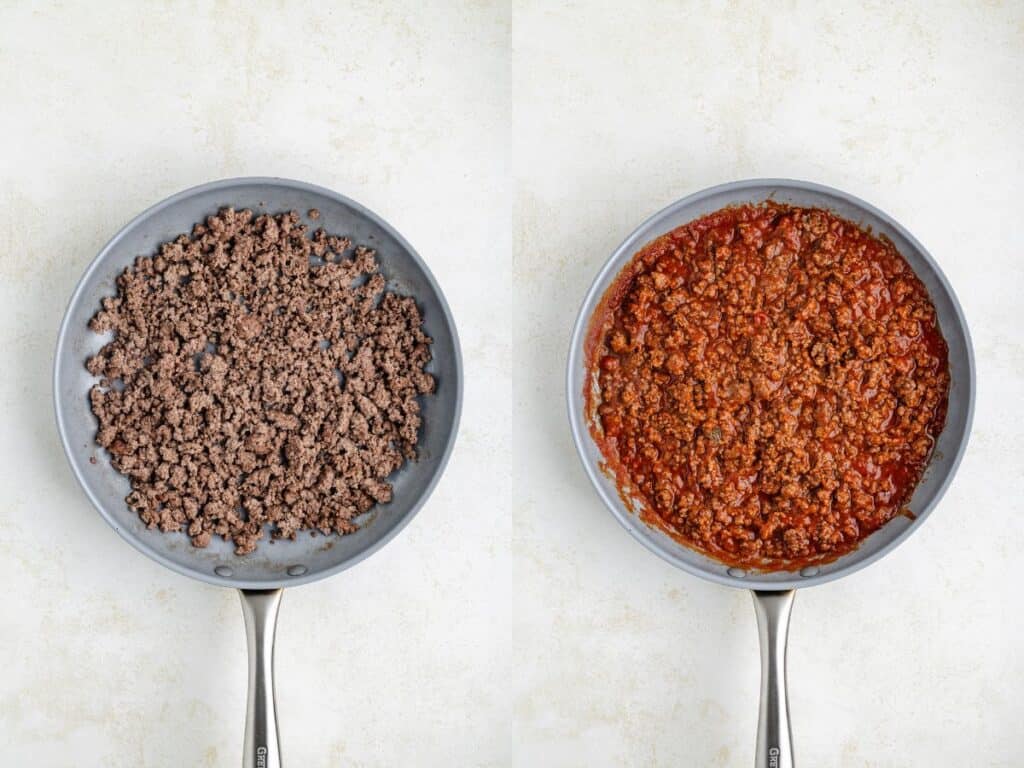 Two frying pans side by side: the left contains cooked ground beef, and the right contains cooked ground beef mixed with sloppy Joe sauce.