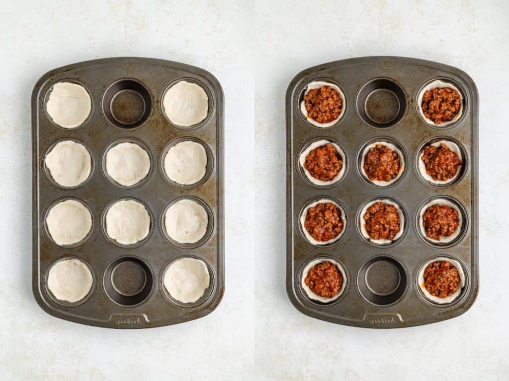 Two muffin trays: the left has dough in each cup, and the right has dough topped with a meat mixture in each cup.