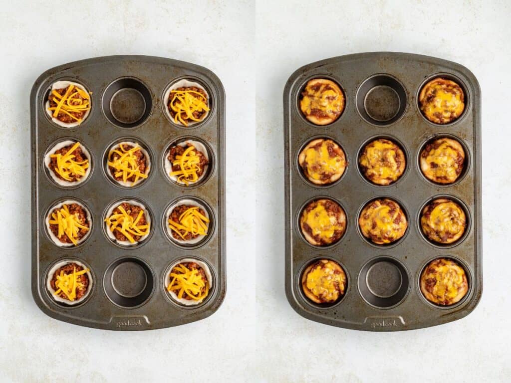 Two muffin tins: the left tin has uncooked meat and cheese cups, while the right tin shows the same cups baked and browned.