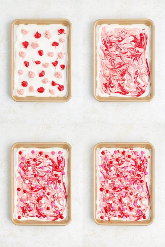 Four rectangular trays showing a process of swirling red and pink colors into a white chocolate bark, creating a marbled effect from top left to bottom right.