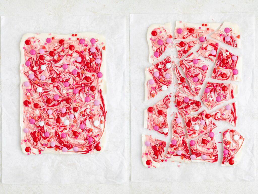 Two panels show pink, red, and white marbled chocolate bark on parchment paper. The left side is intact, while the right side is broken into pieces.