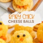 Cheese balls shaped as baby chicks with pepper eyes and carrot beaks, served on round crackers.