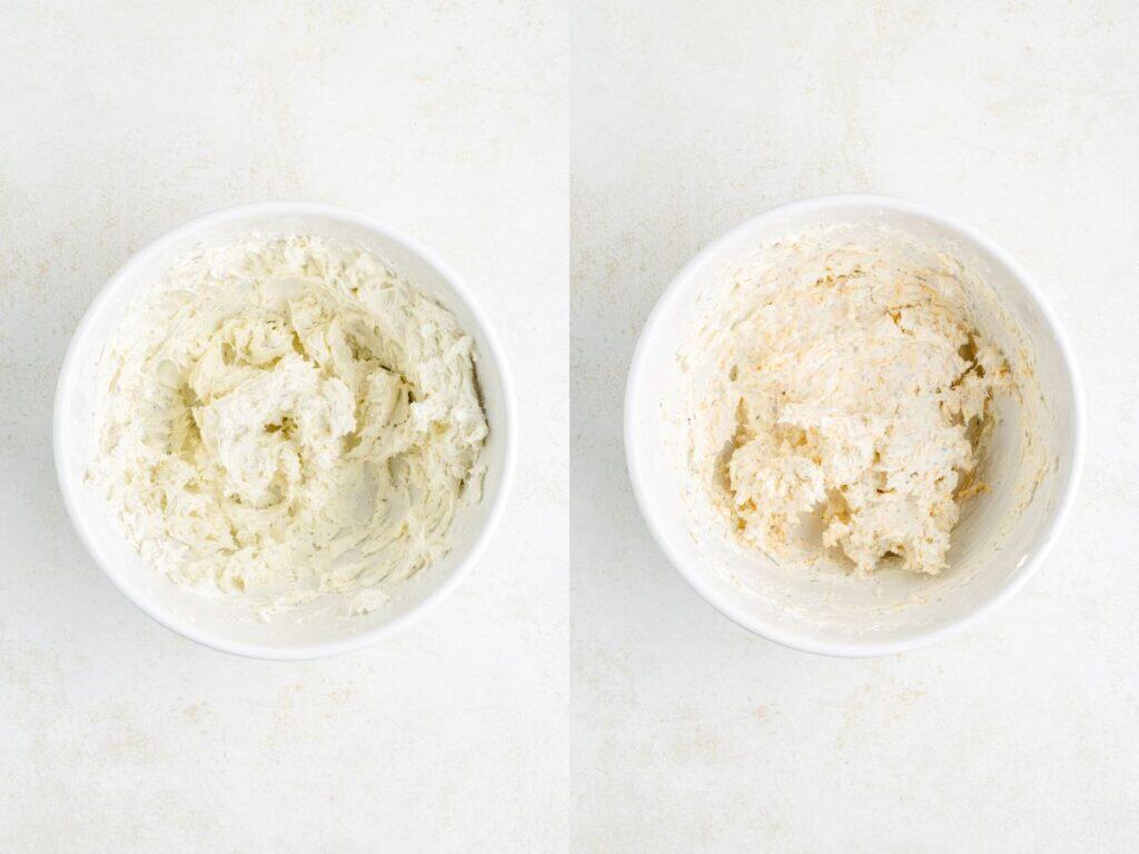 Two bowls with creamy mixtures; left is smooth and white, right is textured and off-white.