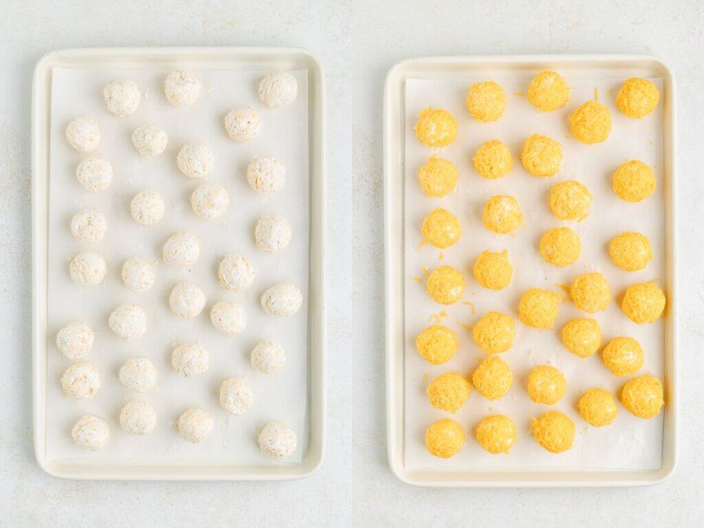 Cheeseballs on a tray coated in shredded yellow cheese.