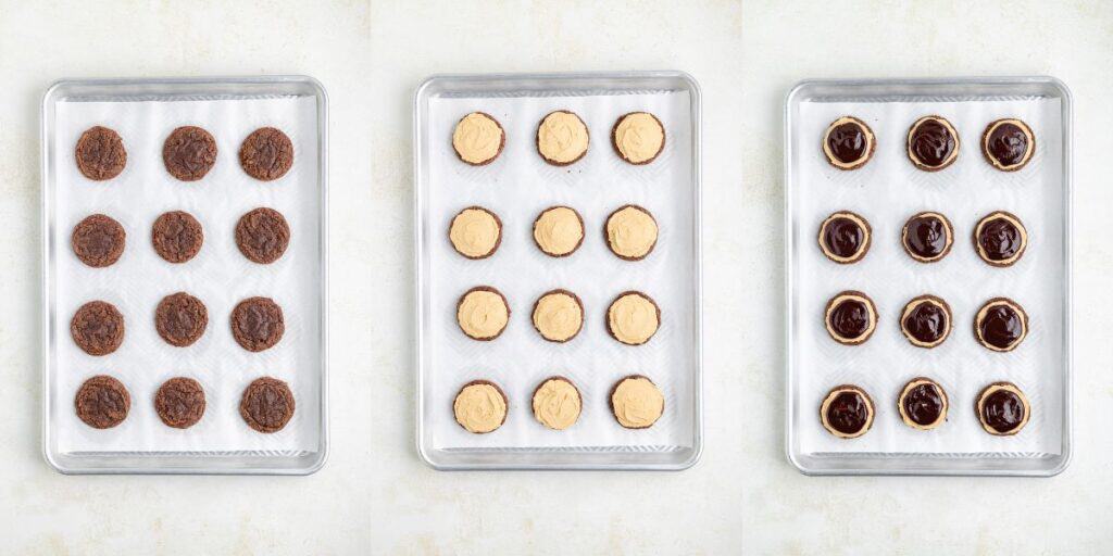 Three trays showing steps of cookie assembly: left with chocolate cookies, middle with cookies topped with peanut butter, and right with cookies covered with chocolate topping.