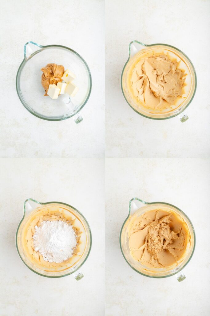 Four images showing steps to make frosting: mixing peanut butter and butter, smooth mixture, adding powdered sugar, and final creamy frosting.