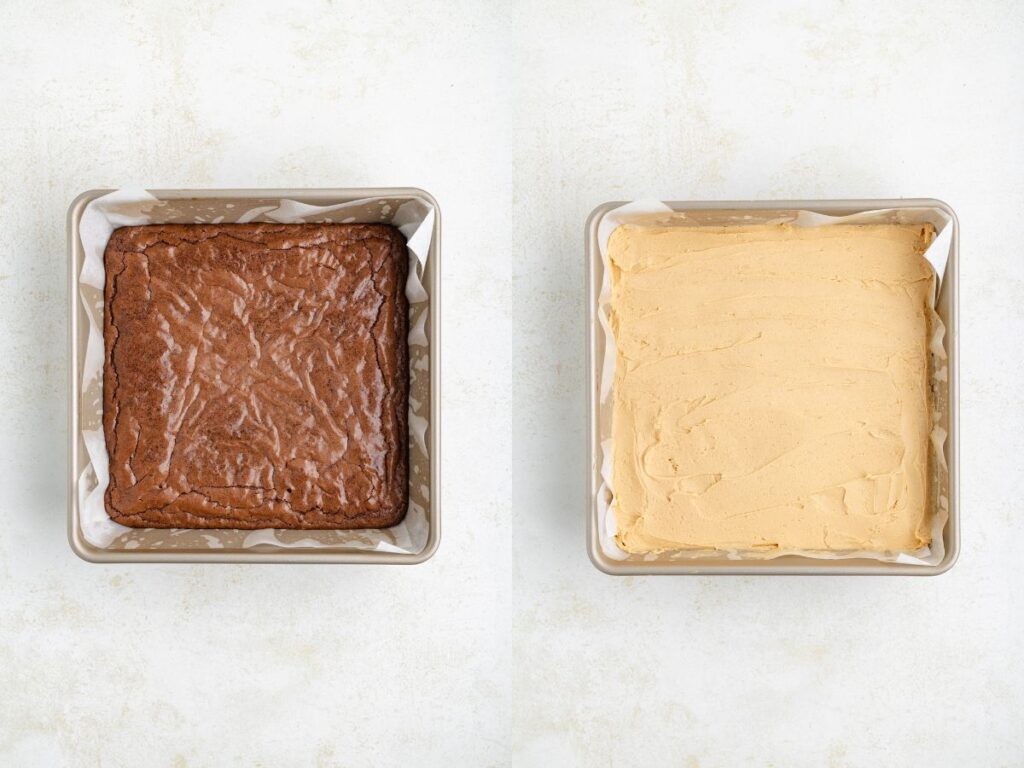 Side-by-side images: left shows a baked brownie in a square pan; right shows the same pan with a layer of peanut butter frosting on the brownie.