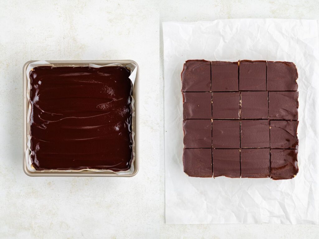 A tray of uncut chocolate brownies on the left, and a grid of sliced chocolate brownies on parchment paper on the right.