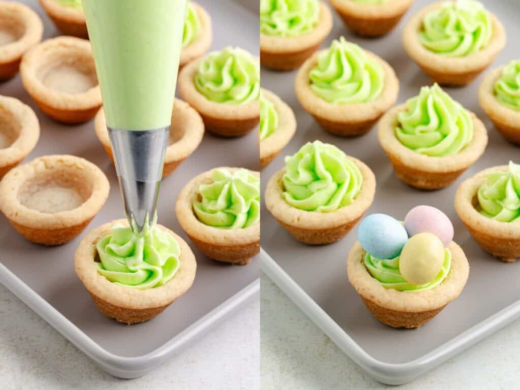 Two images: Left shows a piping bag adding green frosting to a cookie cup. Right shows the finished cookie cup topped with three colorful candy eggs.