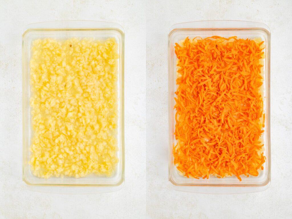 Two glass rectangular baking pans on a light surface; one filled with crushed pineapple, the other with shredded carrots.