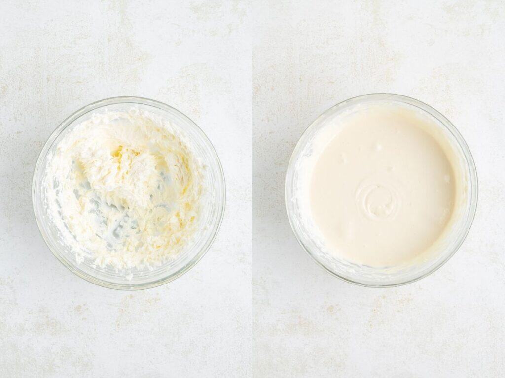 Two glass bowls: whipped cream cheese for cake (left) and smooth cream cheese mixture (right).