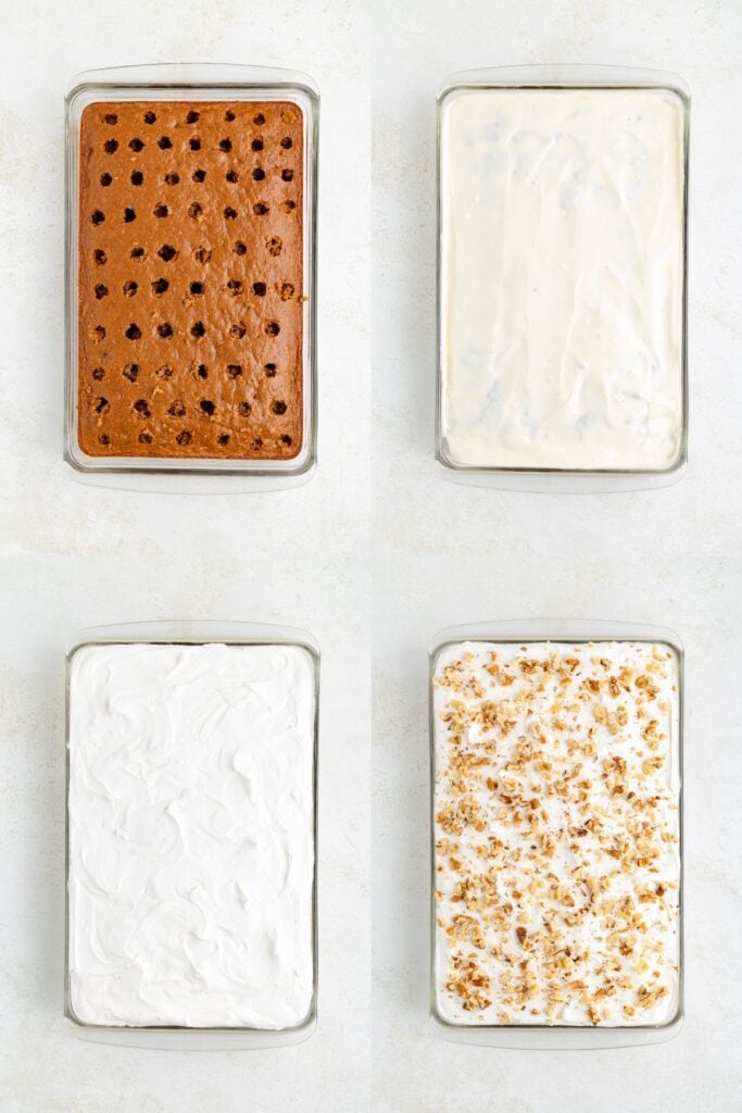 Carrot poke cake evolving through preparation stages, finishing with whipped topping and nut garnish.