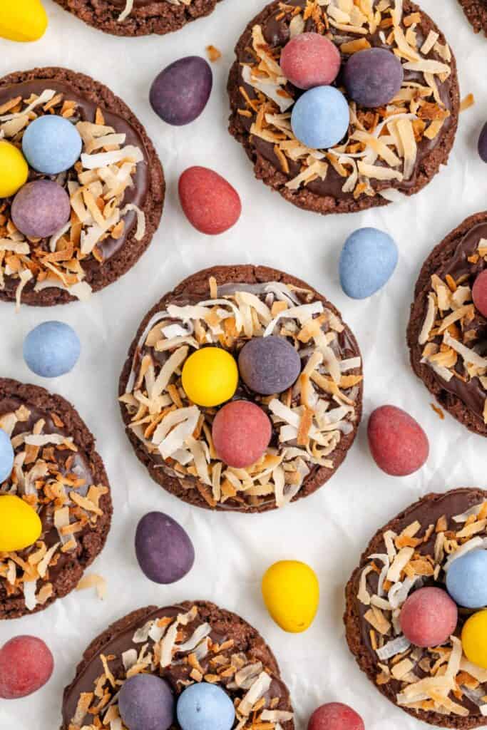 Bird nest chocolate cookies with toasted coconut and colorful candy eggs.