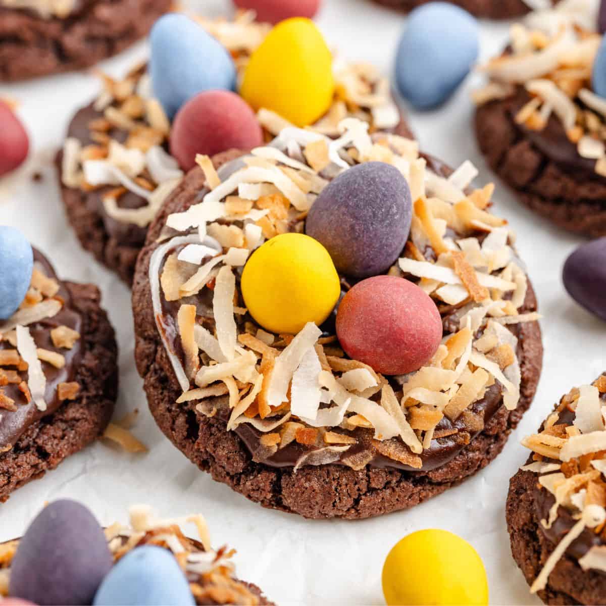 Chocolate bird nest cookies topped with shredded coconut and candy eggs.