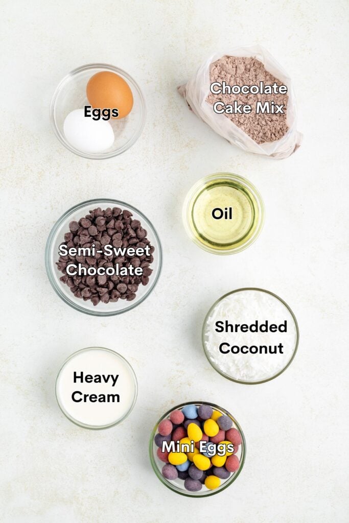 Ingredients: eggs, chocolate cake mix, oil, coconut, chocolate chips, cream, mini eggs.