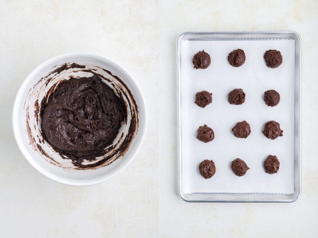 Chocolate cookie dough in a bowl and spoonfuls on sheet.