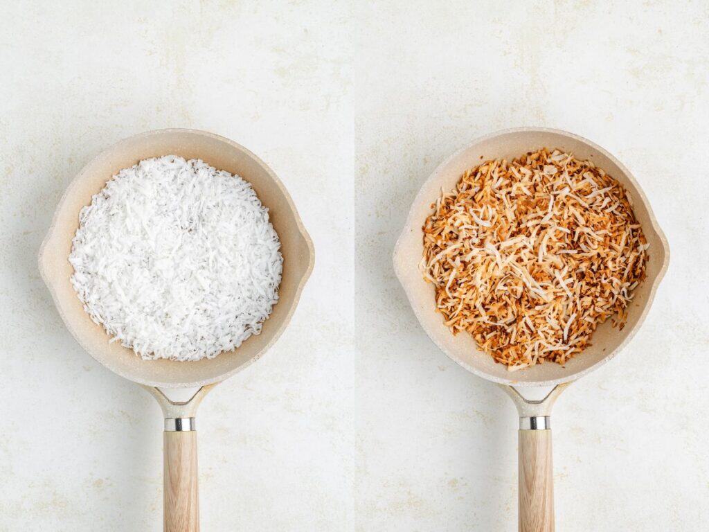 Two pans with wooden handles: left has shredded white coconut, right has toasted brown coconut.