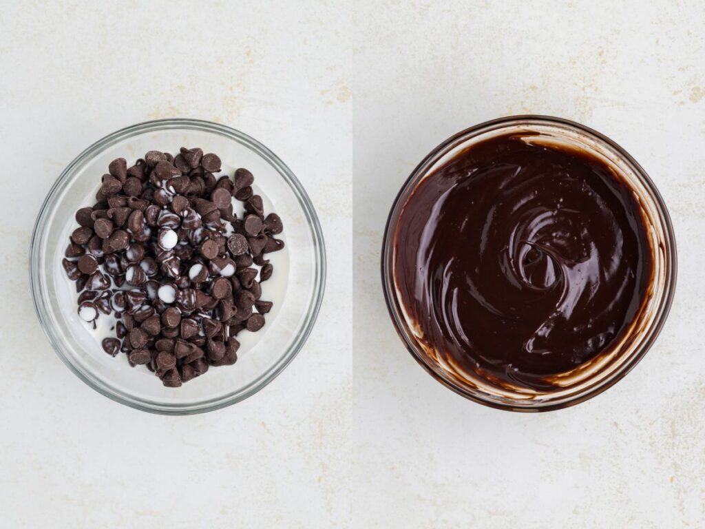 Left: Glass bowl with chocolate chips and cream; Right: Smooth chocolate ganache.