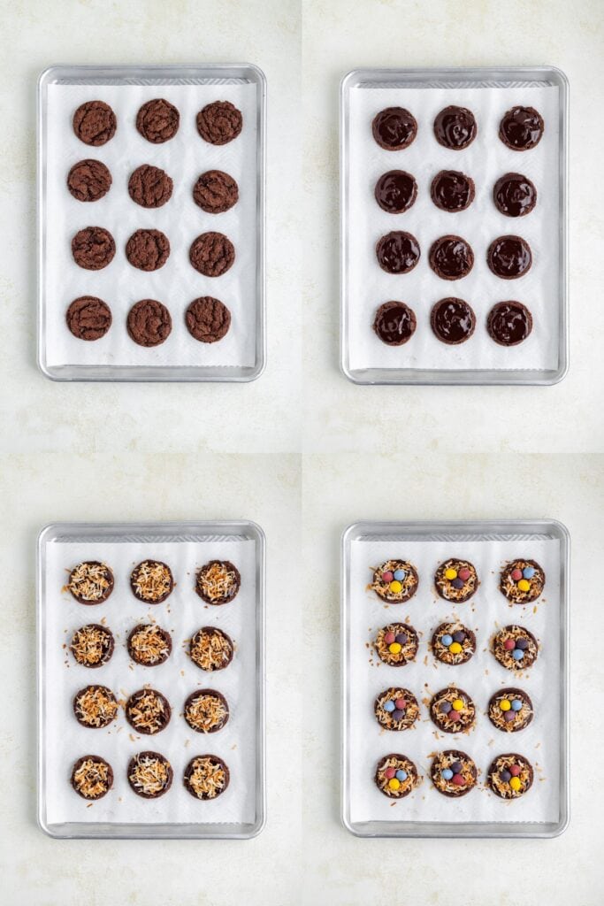 Plain cookies topped with chocolate ganache, toasted coconut, and colorful candies.