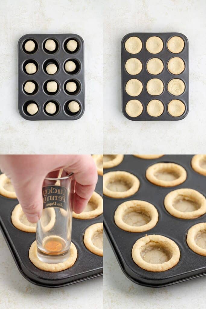 Muffin tin with sugar cookies before and after baking; a glass is used to press down the center of each cookies.