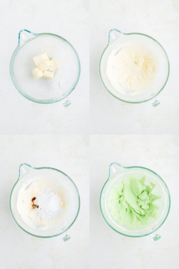 Four steps to make green frosting: cubed butter, creamed butter, added vanilla and powdered sugar, and final green mixture in a glass bowl.