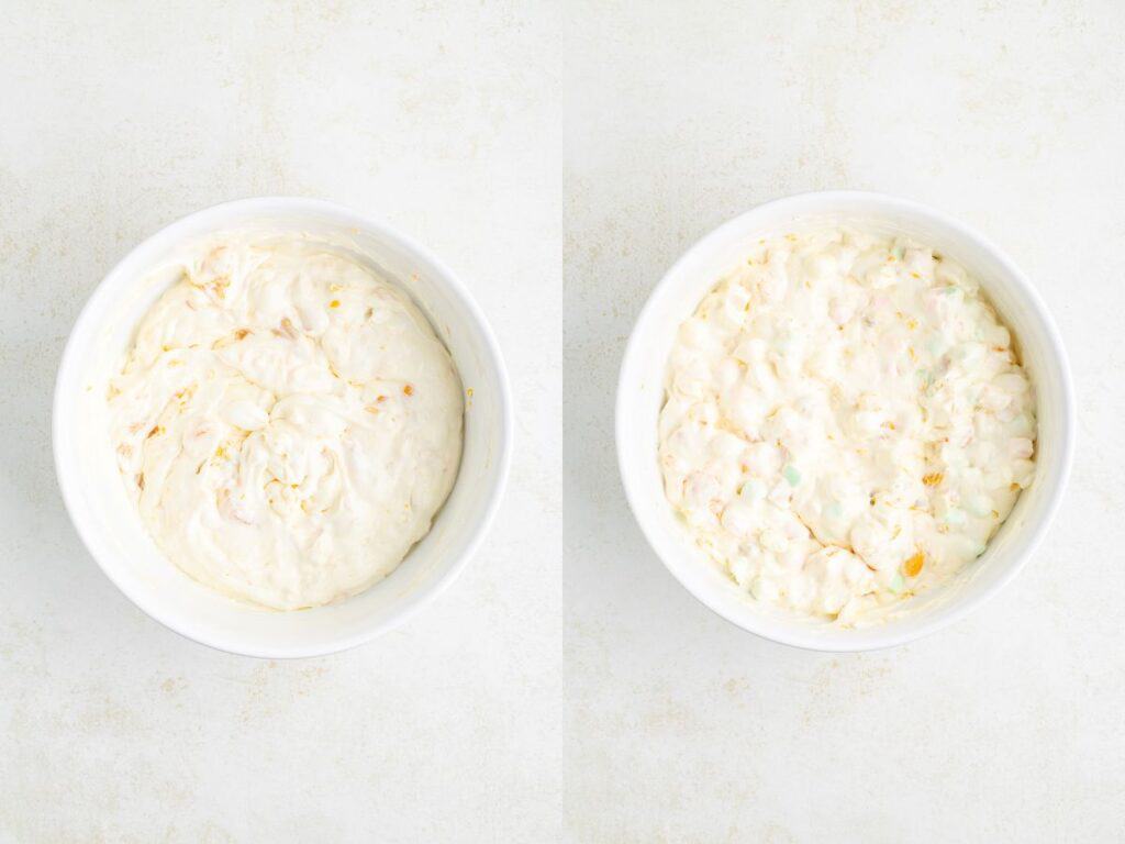 Two bowls of creamy fruit desserts on a light surface, ideal for an Easter treat.