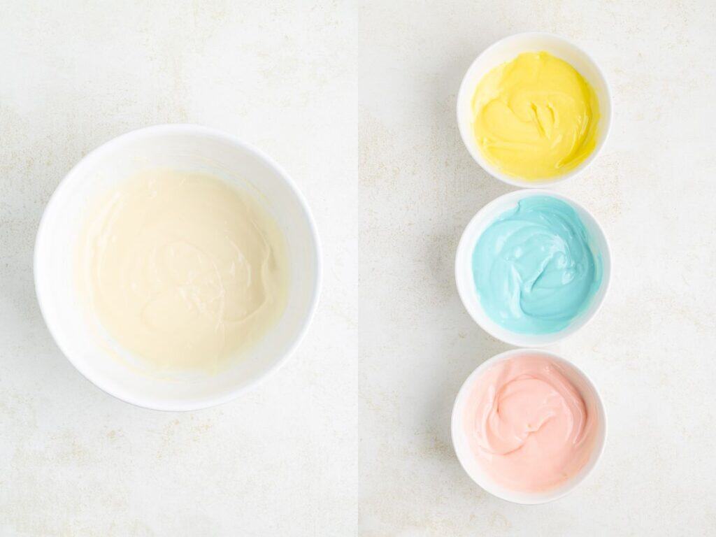 One large white bowl of white chocolate pudding on the left, three smaller bowls with yellow, blue, pink pudding on the right.