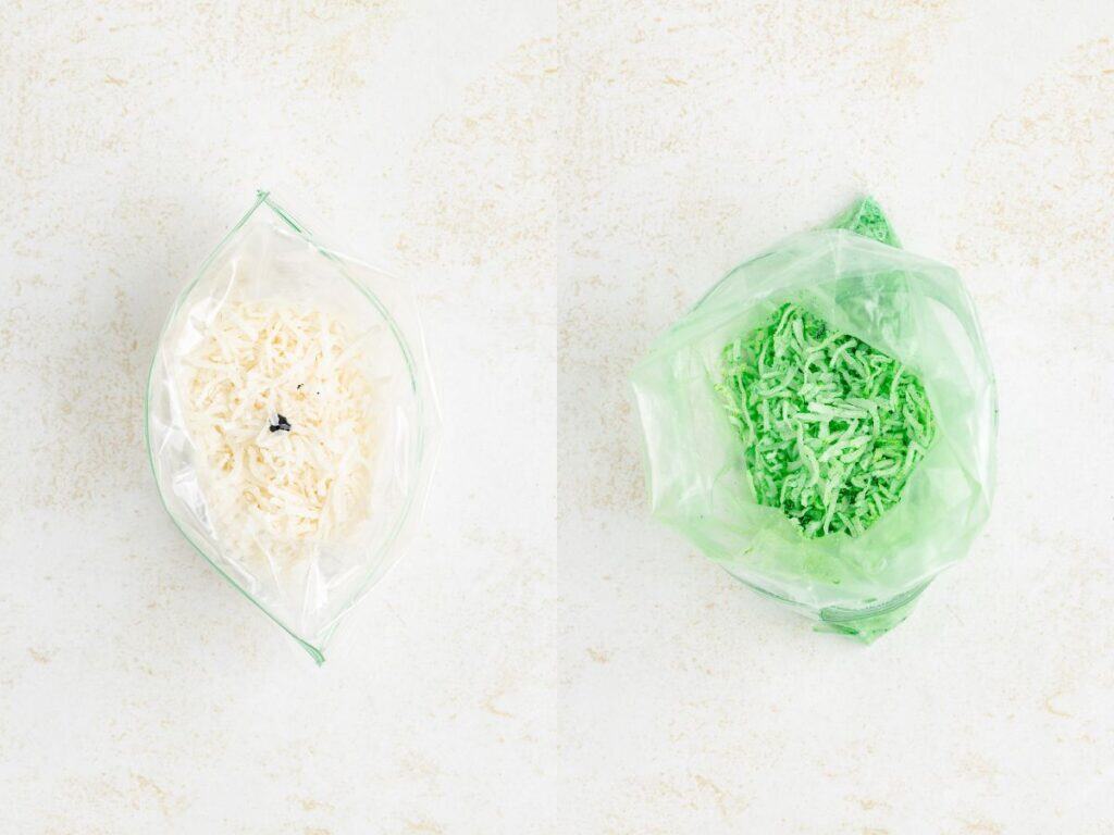 Two clear bags of shredded coconut: left with white, right with green, on a light countertop.