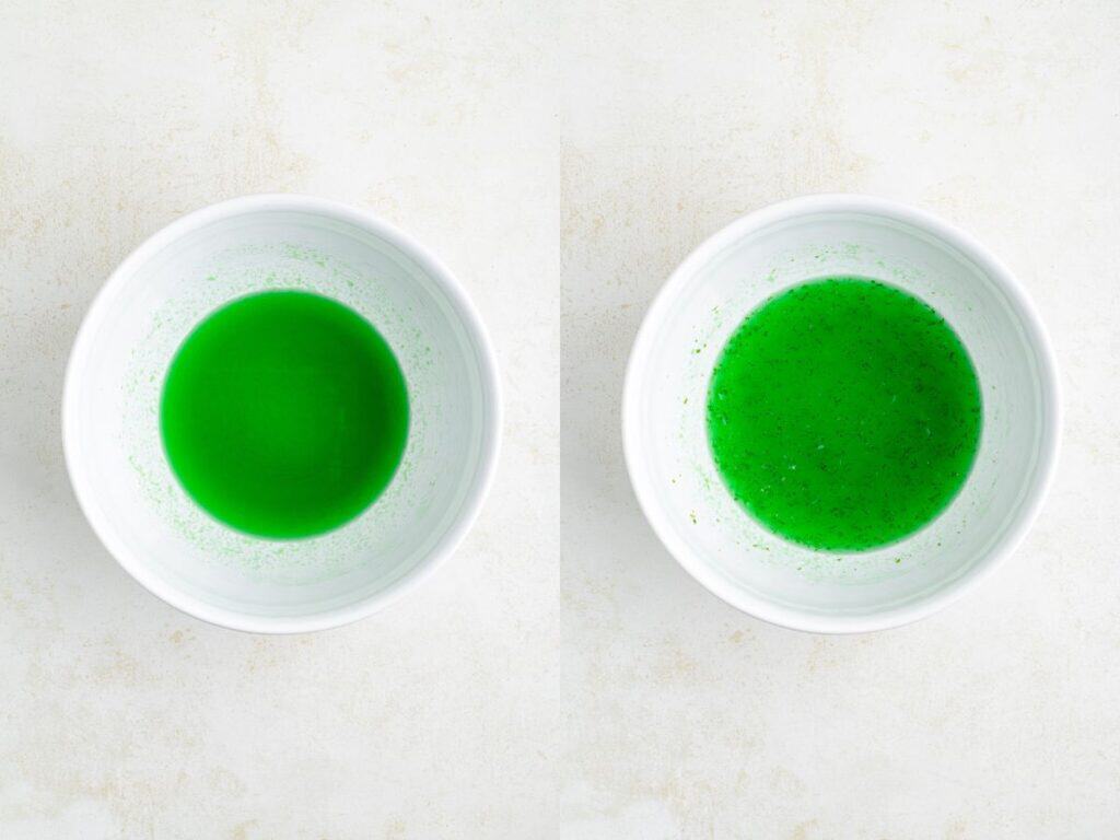 Two white bowls with green liquid: left bowl holds a smooth, clear green mixture; right bowl contains a textured, speckled green mixture. 