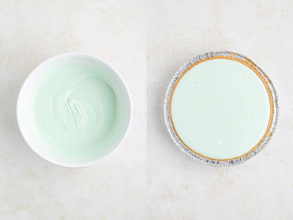 Two images side by side: on the left, a bowl with light green creamy mixture; on the right, the mixture spread into a graham cracker pie crust.