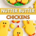 Nutter Butter cookies decorated as yellow chicks on a plate with green coconut and colorful candy eggs.