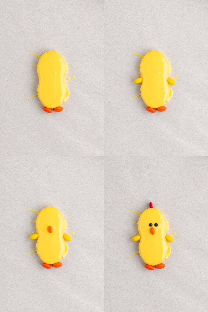 Nutter Butter chick  decorated in four stages: yellow candy melts applied, wings and feet added, orange beak added, and eggs and red candy details.