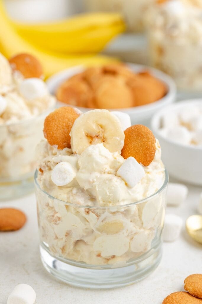 Banana pudding in glass dish, topped with banana slices, vanilla wafers, and marshmallows; ingredients in background.