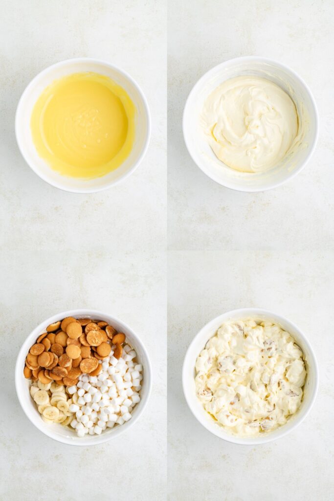 Four bowls illustrating dessert preparation stages: pudding mix, whipped topping with vanilla wafers, marshmallows, banana slices.