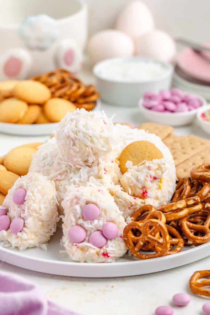 Bunny Butt Cheese Ball centerpiece; with vanilla wafers, pretzels and graham crackers.