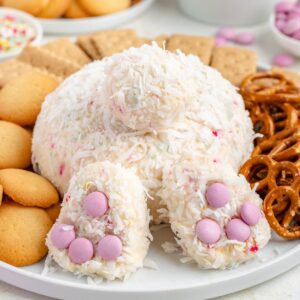 Bunny butt shaped cheese ball in coconut, with pink candy, surrounded by vanilla wafers, graham crackers, pretzels.