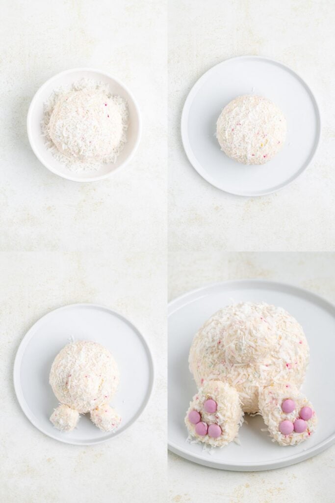 Step-by-step assembly of a bunny-themed dessert using coconut-covered balls and pink candy pads for feet.