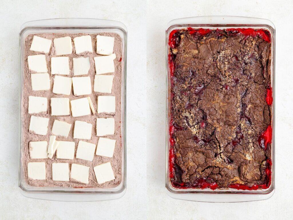 Two glass dishes: one with butter slices on dry cake mix, one with baked golden-brown fruit crisp.