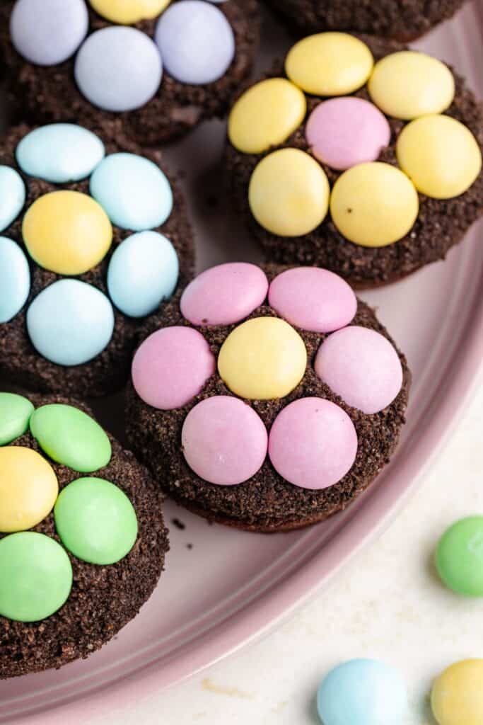 Chocolate brownie flower pots arranged on a light pink plate.