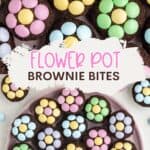 Brownie bites decorated with pastel candy flowers, neatly arranged on a light surface.
