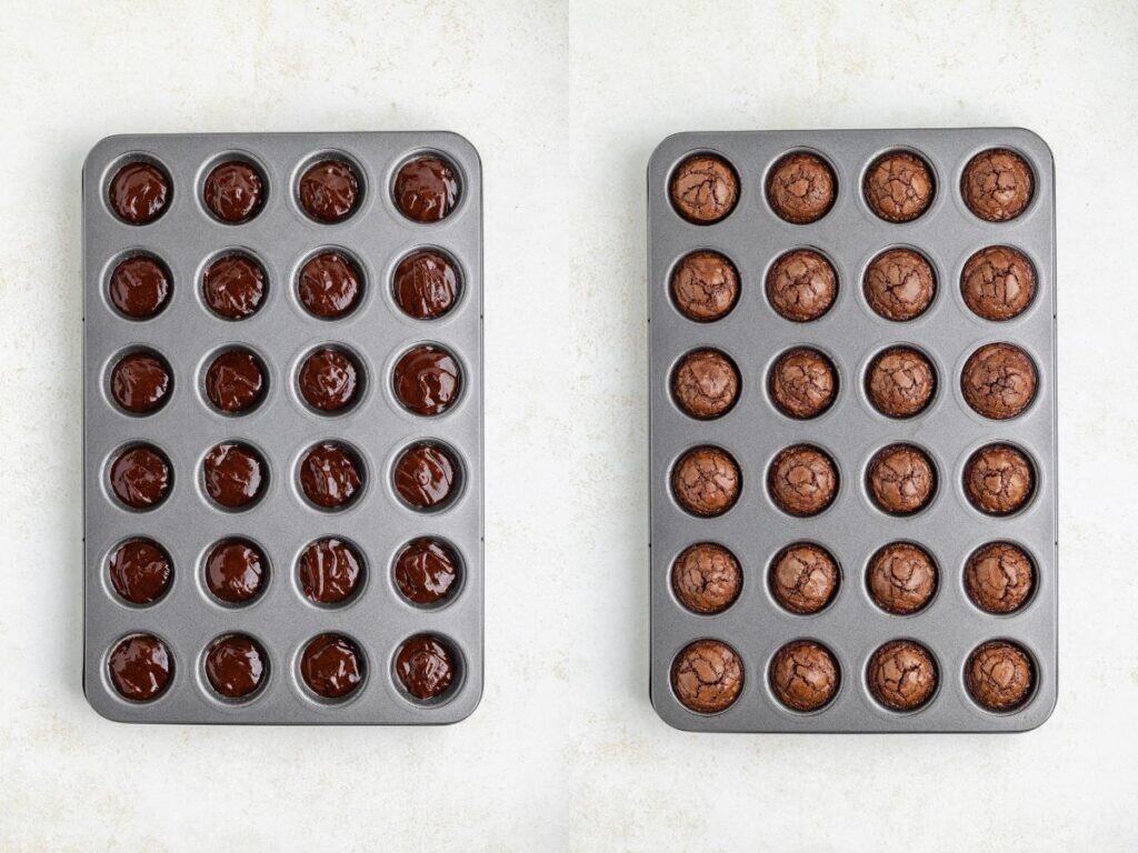 Mini muffin tin with unbaked chocolate batter beside a tin of freshly baked chocolate brownies.