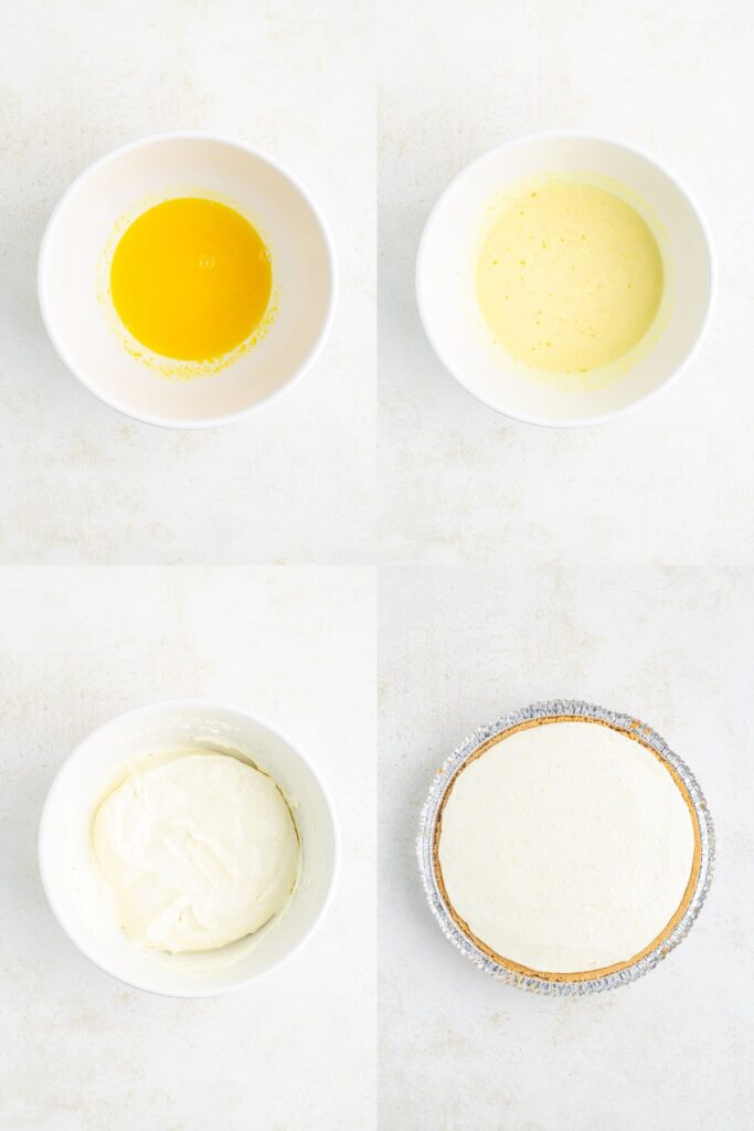Four steps to make a pie: melted butter, mixed filling, whipped topping, and finished graham cracker pie.